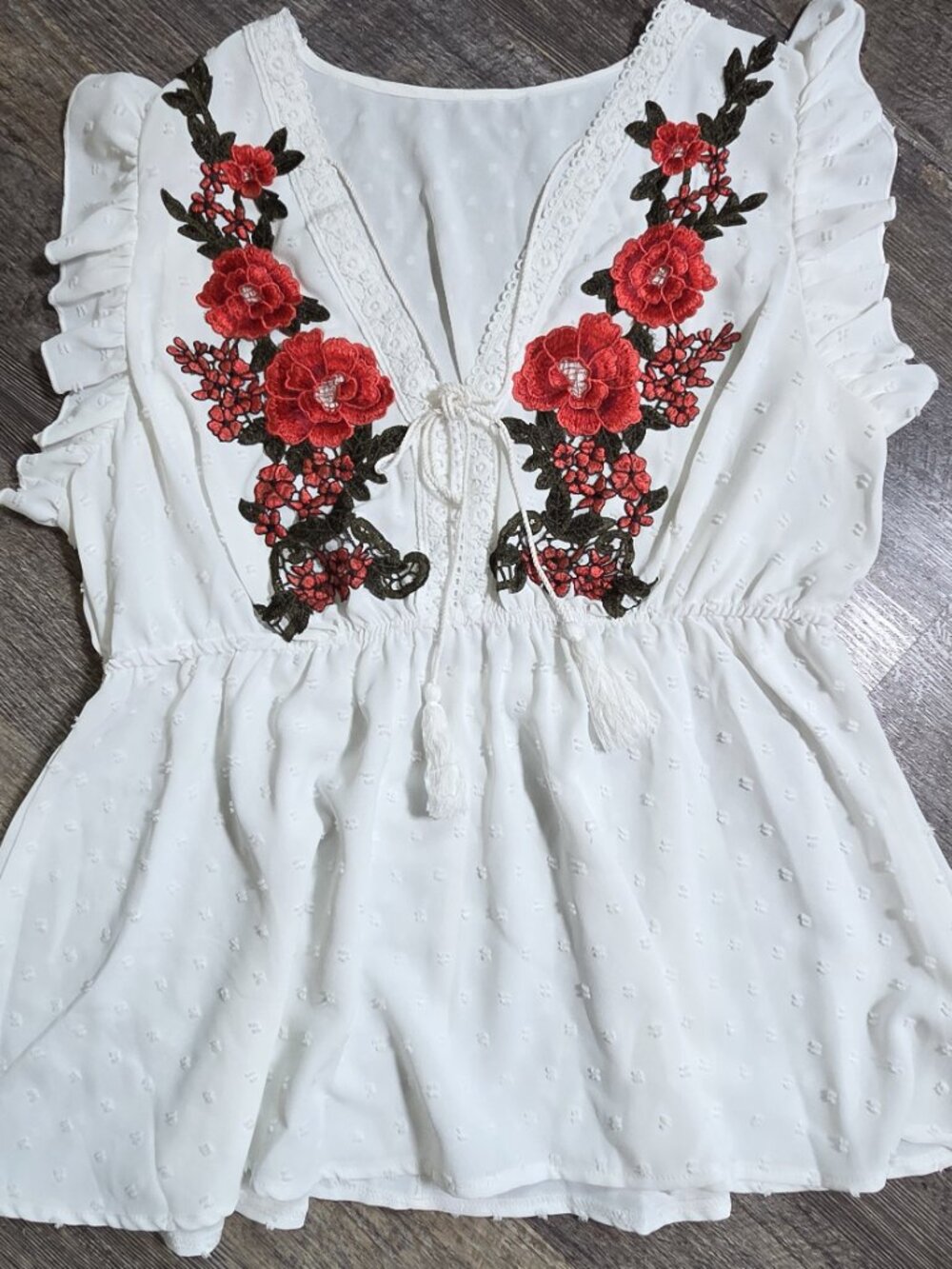 Swiss Dot Peasant Blouse White w/Red & Green Embroidered Applique Panels Sz XL